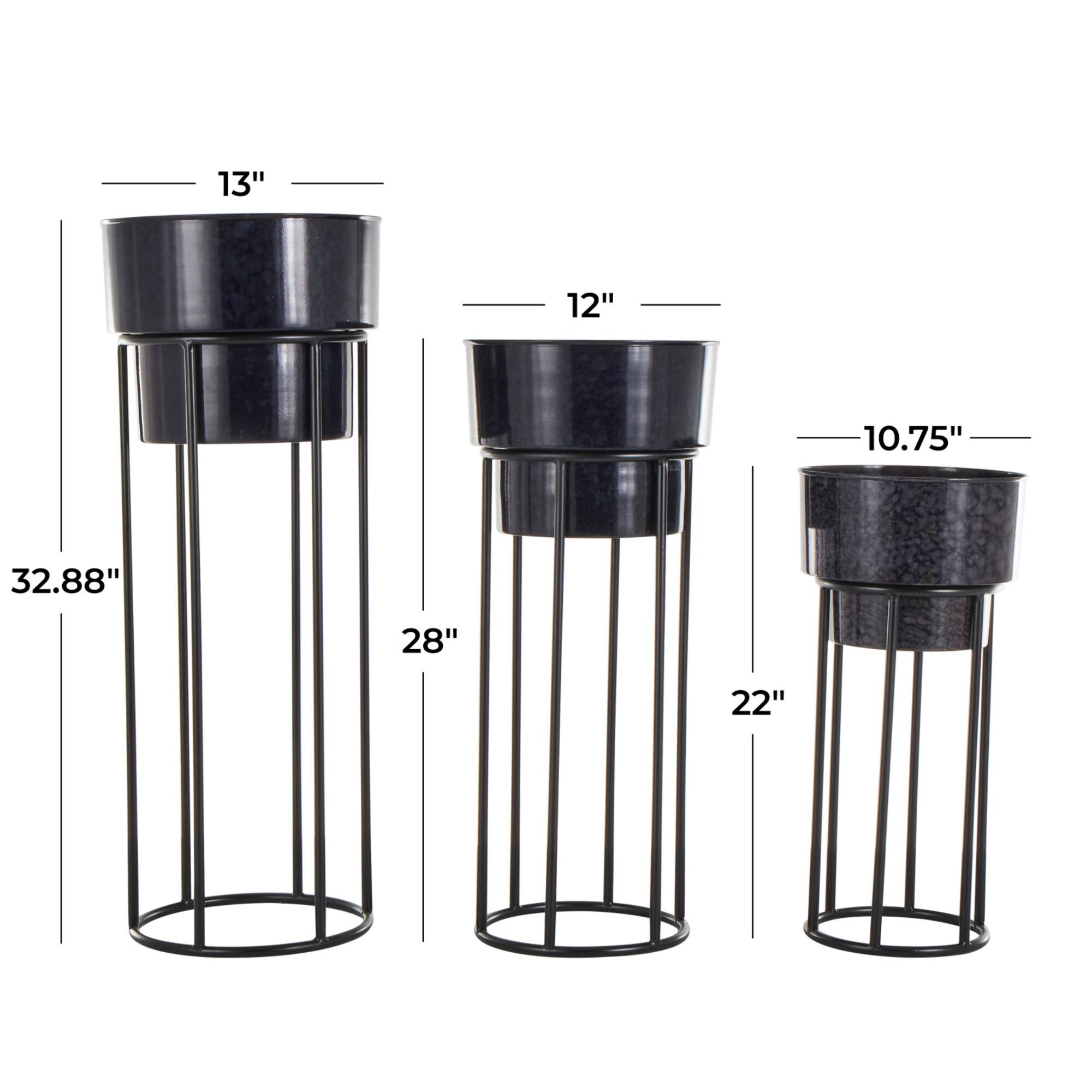 Black Metal Wash Textured Planter with Open Framed Black Caged Base Set